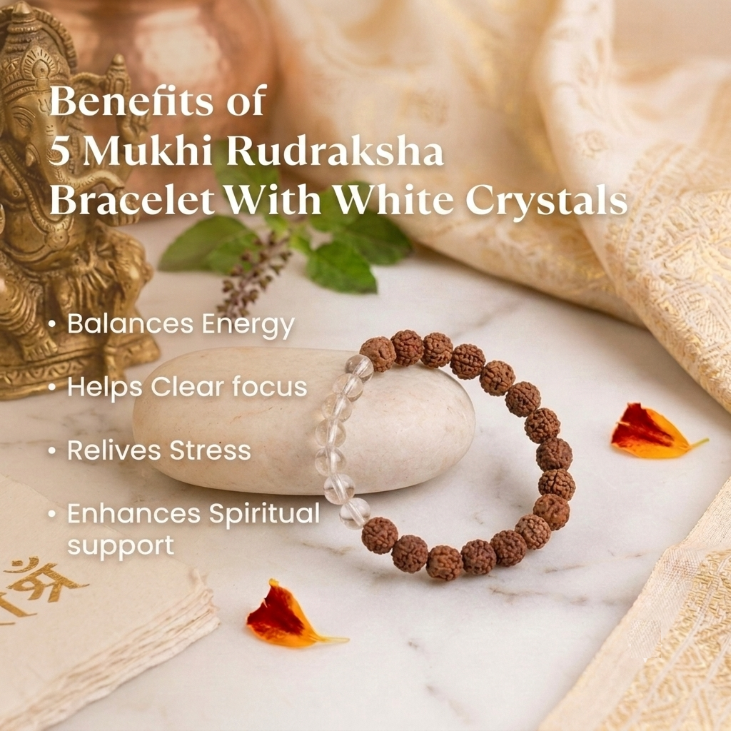 5 Mukhi Rudraksha with Clear Quartz Bracelet - Image 4