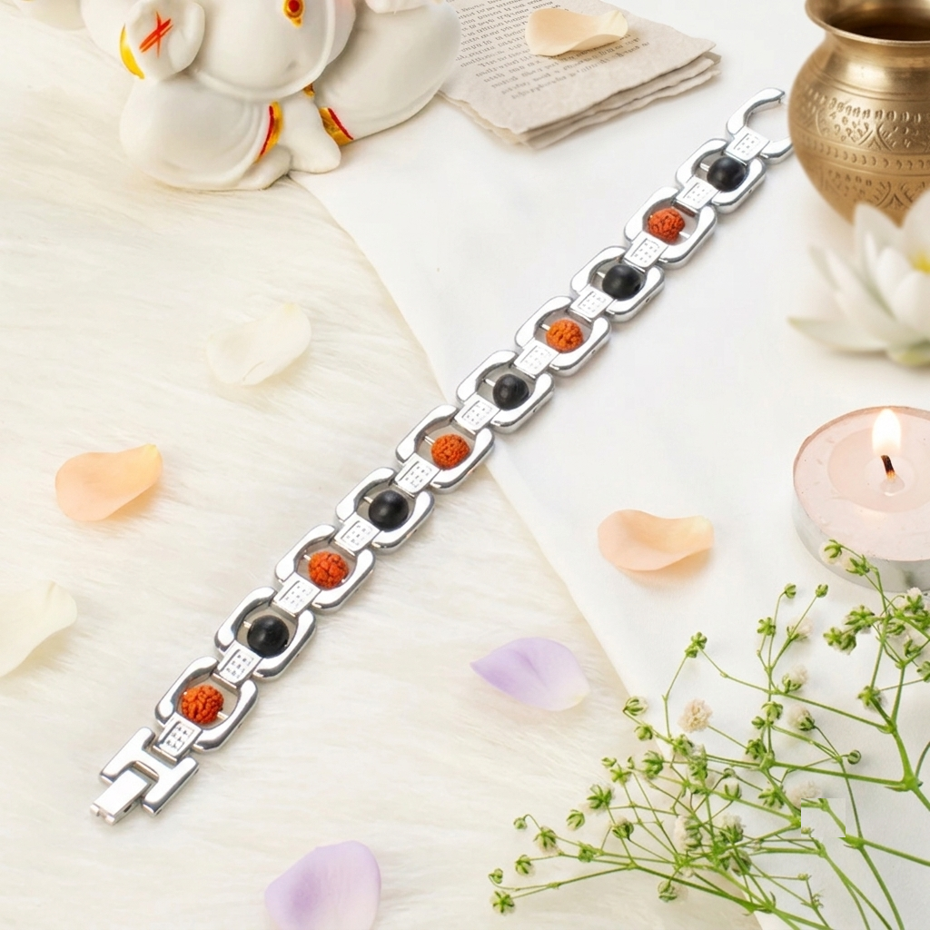 Metal Rudraksha and Karungali Bracelet - Silver - Image 2