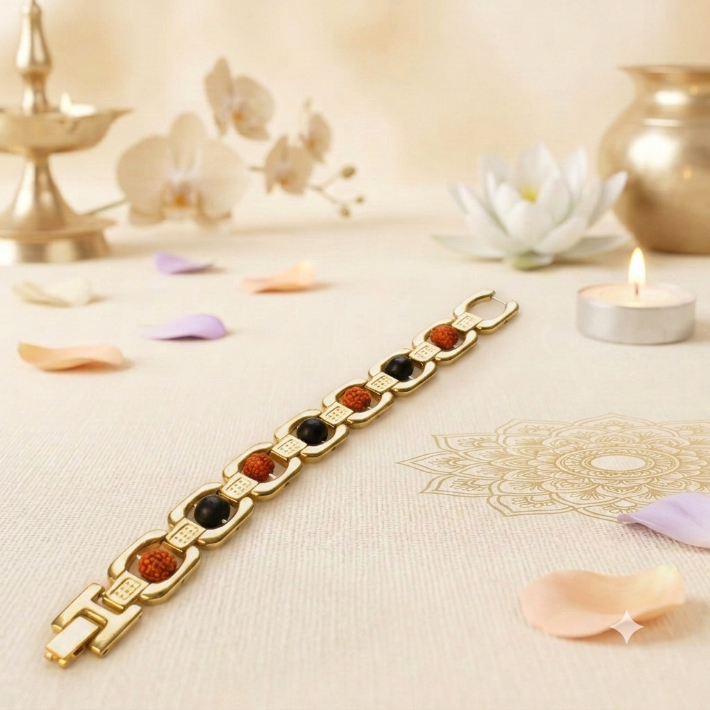 Metal Ruduraksha And Karungali Bracelet - Gold - Image 2