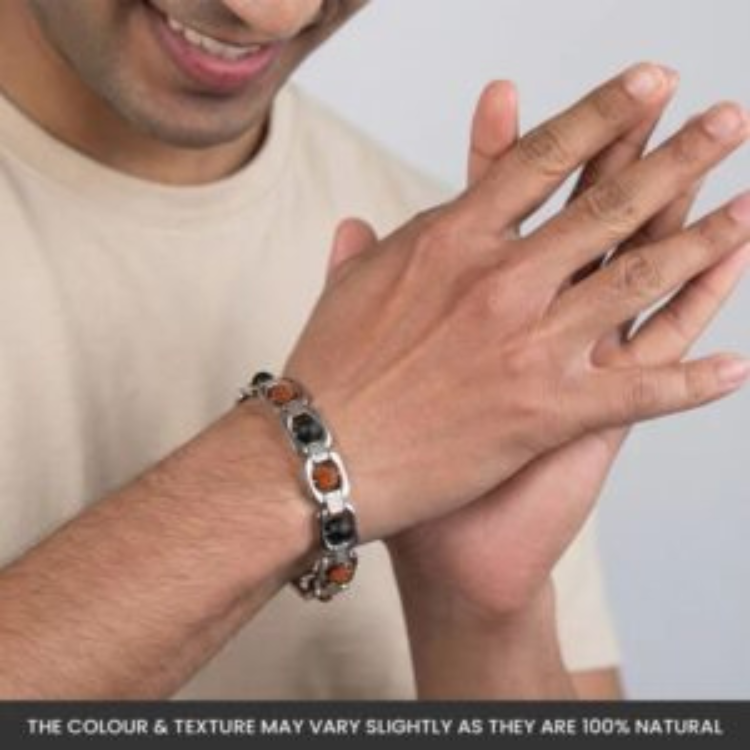 Metal Rudraksha and Karungali Bracelet - Silver